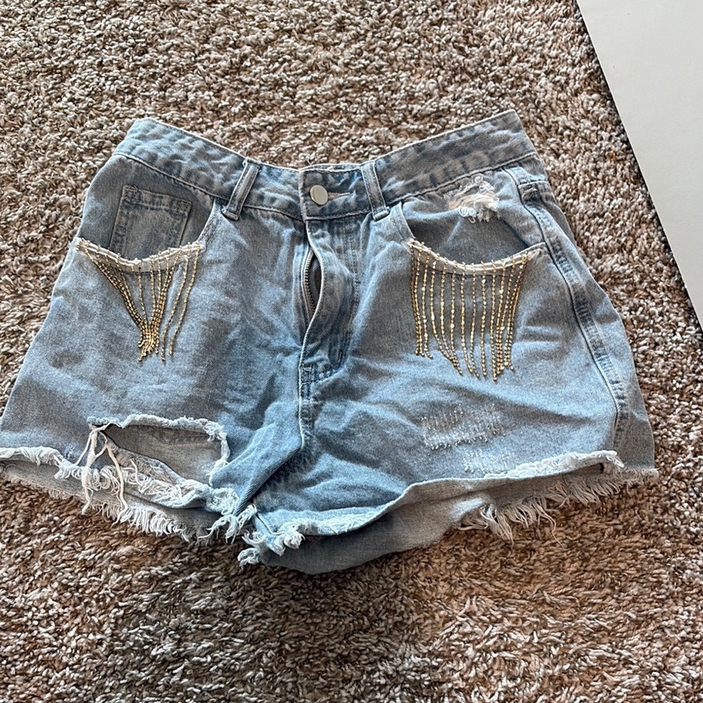 Harper Blue and Gold Jean Shorts with Distressed Detailing